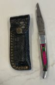 Custom Damascus Steel Pocket Knife Multicolored Wood Handle with Leather Sheath