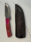 Custom Damascus Steel Hunting Knife Fixed Blade Pink Handle With Leather Sheath