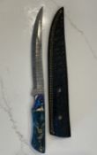 Custom Damascus Steel Fixed Blade Hunting Knife Blue Resin Handle with Leather Sheath