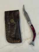 Custom Damascus Fish Shaped Folding Pocket Knife with Leather Sheath