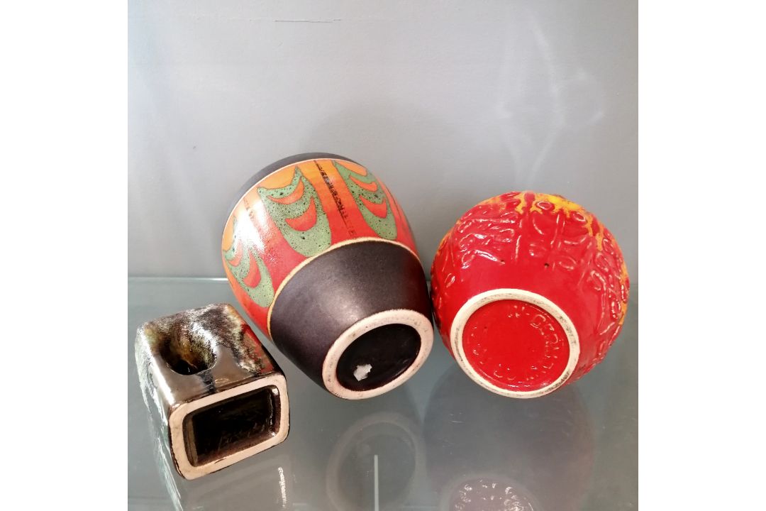 3 West German 'Fat Lava' vases with orange, red & green glazes ...
