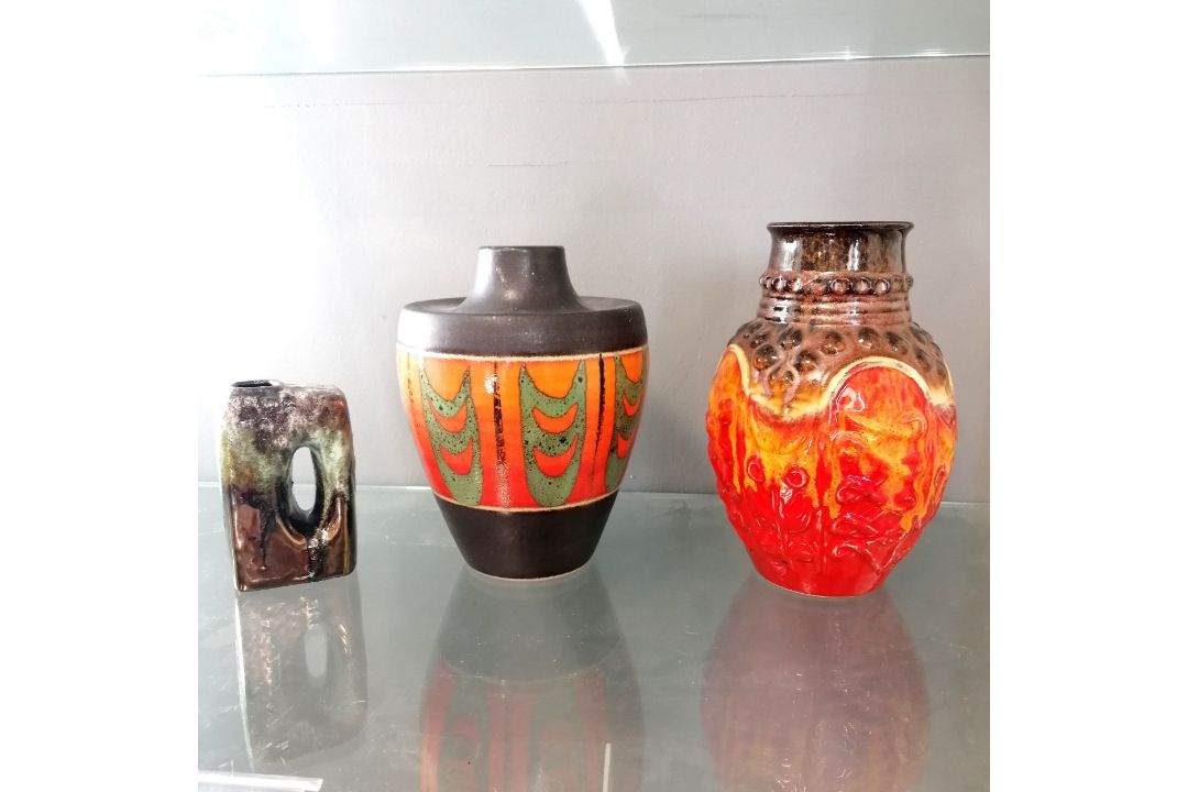 3 West German 'Fat Lava' vases with orange, red & green glazes ...