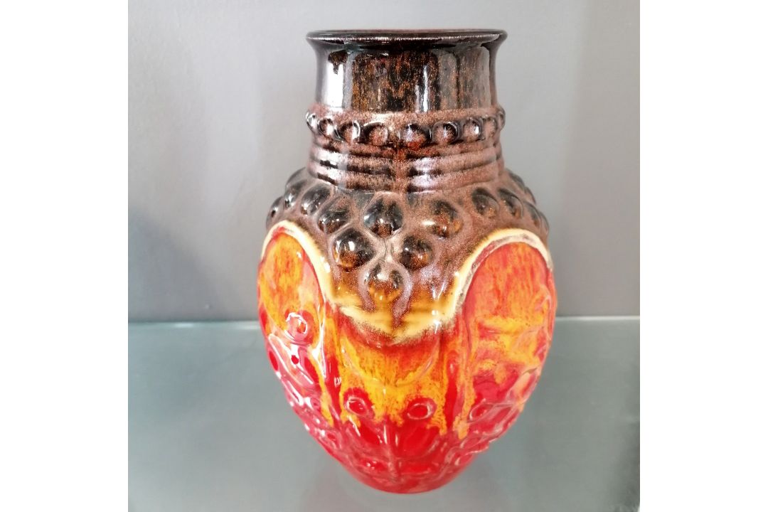 3 West German 'Fat Lava' vases with orange, red & green glazes ...