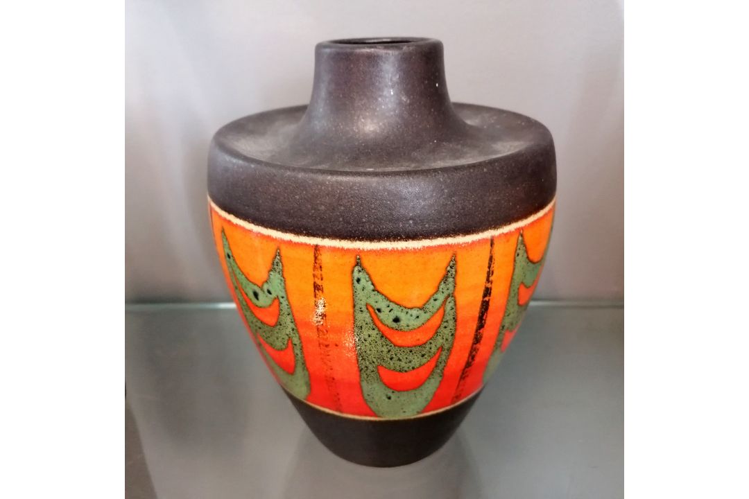 3 West German 'Fat Lava' vases with orange, red & green glazes ...