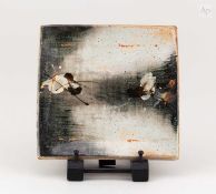 HUGUES DE CROUSAZ; a square stoneware platter covered in carbon trap shino glaze, painted mark, 27.5