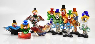 A collection of Murano glass clowns, largest height 22cm, with three bowls.