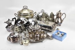 A collection of 19th century and later silver plated and metal items including an oval tureen and