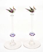 MURANO; a pair of miniature novelty glass birds perching on a single knop stem, height 14cm (2).
