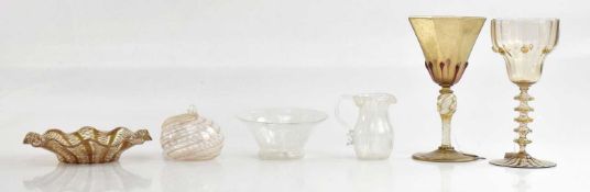 A collection of six Murano glass items, comprising two bowls, two goblets, a cream jug and an