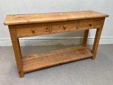 A modern pine country kitchen dresser base, with three drawers and undertier, height 90cm, width