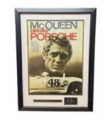 A Steve McQueen Drives Porsche poster, a reprint and resized 1970 advertising poster with