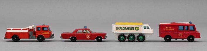 Vier Spielzeugautos der Firma Matchbox, Lesney Products & Co Ltd., London, England.  Metall, Plasti