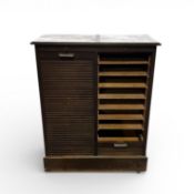 Wooden archive cabinet with two rolling doors and drawers