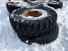 (6) 21.00R35 LOADER TIRES RUBBER TIRED LOADER ATTACHMENT mounted.