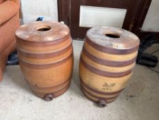 (2) ANTIQUE DOULTON & CO AND WATTS LAMBETH STONEWARE SPIRITS BARRELS, #8, 19IN. HIGH, 13IN. DIAME...