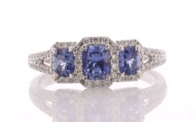 18ct White Gold Three Stone Emerald Cut Sapphire And Diamond Ring (S 1.20) 0.29 Carats