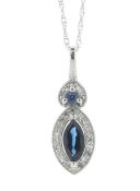 14ct White Gold Marquise Cluster Diamond And Sapphire Pendant And Chain 0.08 Carats