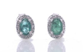14ct White Gold Oval Cut Emerald And Diamond Stud Earring 0.10 Carats