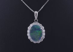 Platinum Oval Cluster Diamond And Opal Pendant (O3.72) 0.95 Carats