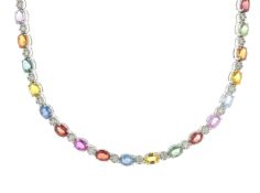 18ct White Gold Diamond And Coloured Sapphire Necklace (S14.16) 0.90 Carats