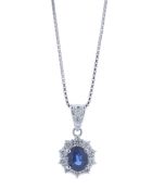 Platinum Oval Cluster Claw Set Diamond And Sapphire Pendant And Chain (S1.46) 0.60 Carats