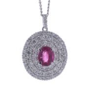 Platinum Oval Cluster Claw Set Diamond And Ruby Pendant (R1.18) 0.98 Carats