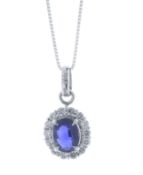 Platinum Oval Cluster Claw Set Diamond And Sapphire Pendant And Chain (S1.03) 0.26 Carats