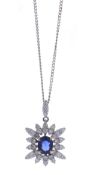 Platinum Oval Cluster Claw Set Diamond And Sapphire Pendant And Chain (S0.87) 0.55 Carats