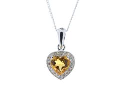 9ct White Gold Citrine Heart Shape Diamond Pendant (C0.65) 0.10 Carats