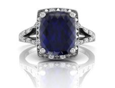 9ct White Gold Cushion Cluster Diamond And Created Ceylon Sapphire Ring