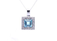 9ct White Gold Blue Topaz Diamond Cluster Pendant (BT1.46) 0.04 Carats