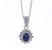 Platinum Oval Cluster Claw Set Diamond And Sapphire Pendant And Chain (S1.06) 0.25 Carats