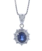 Platinum Oval Cluster Claw Set Diamond And Sapphire Pendant And Chain (S1.46) 0.60 Carats