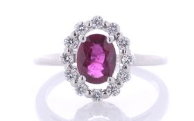 Platinum Cluster Diamond And Oval Ruby Ring (R1.03) 0.35 Carats