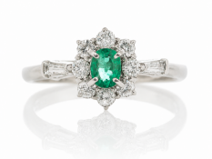 Platinum Oval Cluster Claw Set Diamond And Emerald Ring (E0.28) 0.38 Carats