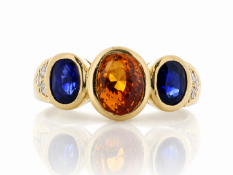 18ct Yellow Gold Three Stone Oval Cut GIA Orange Sapphire Center Ring (S2.31) 0.10 Carats