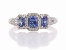 18ct White Gold Three Stone Emerald Cut Sapphire And Diamond Ring (S 1.20) 0.29 Carats