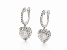 18ct White Gold Heart Shape Halo Drop Earring (1.34) 1.74 Carats