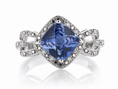 9ct White Gold Created Ceylon Sapphire Diamond Ring (S2.82) 0.11 Carats