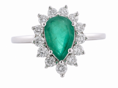 9ct White Gold Pear Cluster Diamond And Emerald Ring (E1.00) 0.50 Carats