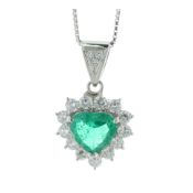 Platinum Diamond And Heart Shaped Emerald Pendant (E1.34) 0.87 Carats