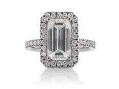 18ct White Gold Emerald Cut With Halo Setting and Shoulders Diamond Ring (3.01) 4.21 Carats