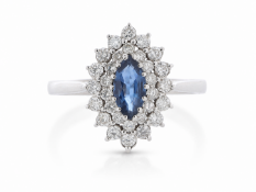 9ct White Gold Marquise Cluster Claw Set Diamond And Blue Topaz Ring 2.02 Carats