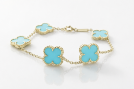 9ct Yellow Gold Vintage Alhambra Gold And Turquoise Bracelet 9.40 Carats