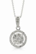 A round cluster of seven round brilliant cut diamonds is surrounded by a halo of twenty four