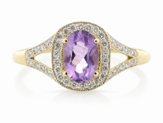 9ct Yellow Gold Amethyst And Diamond Halo Set Ring