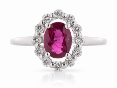 Platinum Cluster Diamond And Oval Ruby Ring (R1.03) 0.35 Carats