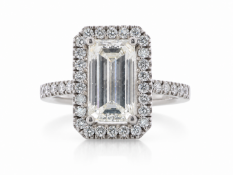 18ct White Gold Emerald Cut With Halo Setting and Shoulders Diamond Ring (3.01) 4.21 Carats