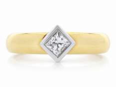 18ct Single Stone Princess Cut Rub Over Set Diamond Ring 0.40 Carats