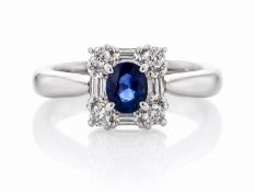 Platinum Fancy Cluster Diamond And Sapphire Ring (0.52) 0.29 Carats